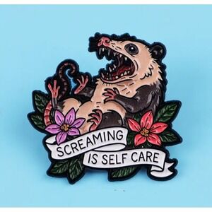 Screaming Opossum Enamel Pin Screaming is Self Care Possum Lapel Pin